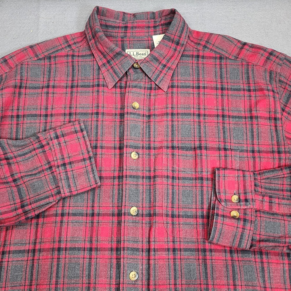 LL Bean Flannel Shirt Red Grey Plaid Button Down Mens Large‎ L-REG